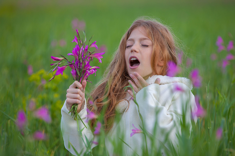 Girl sneezing in field of flowers