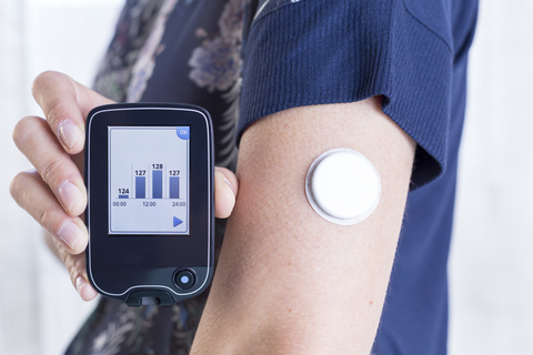 young woman using flash glucose monitoring device