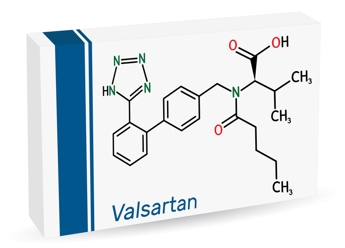 Box of valsartan showing its molecular structure